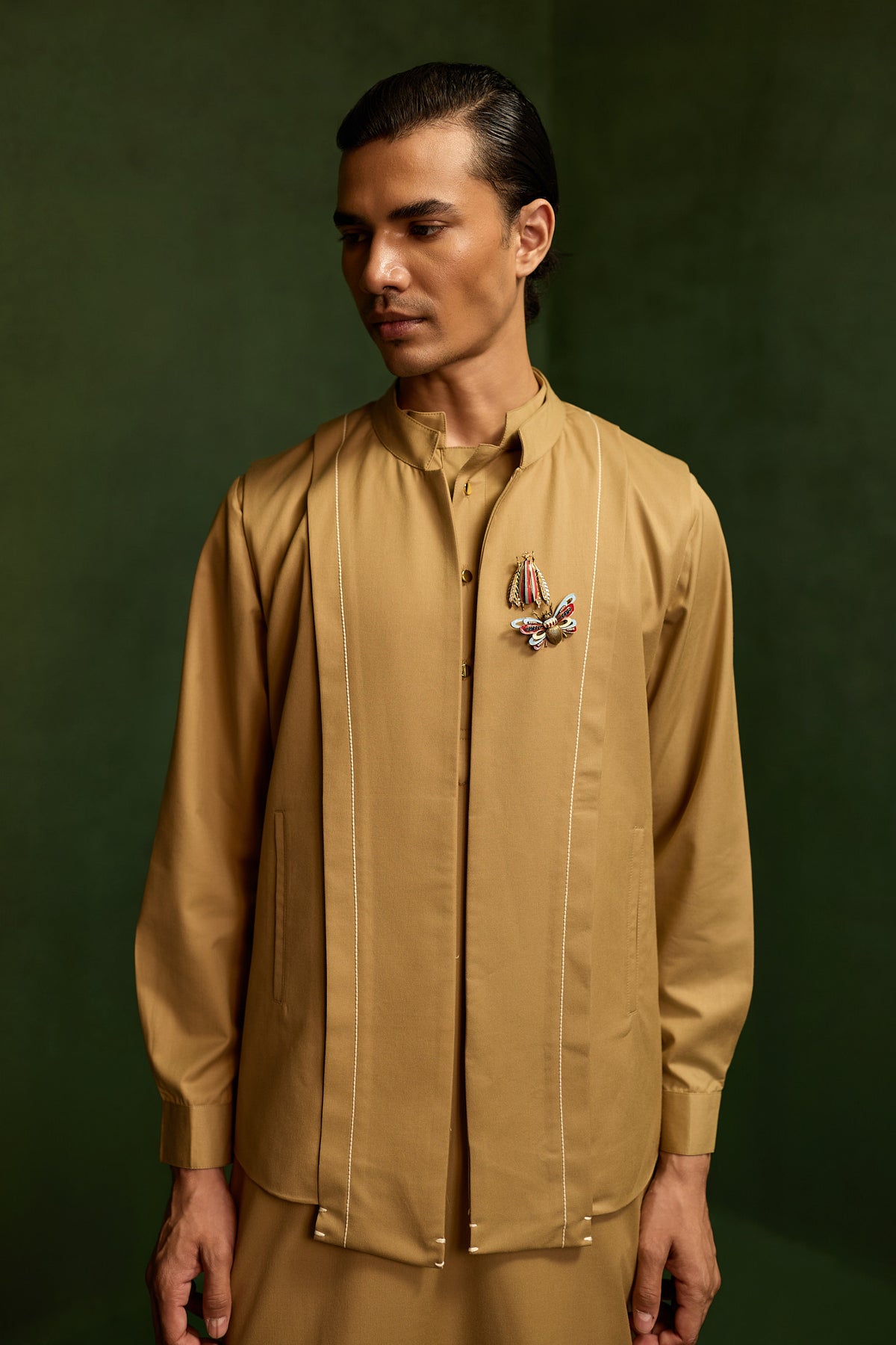 SAMAY DRAPE JACKET SET- KHAKHI ( SET OF 3)