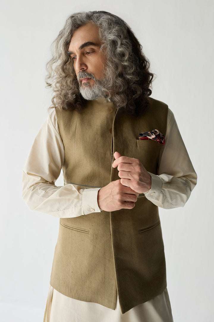 MOHAIR LINEN NEHRU JACKET-OLIVE