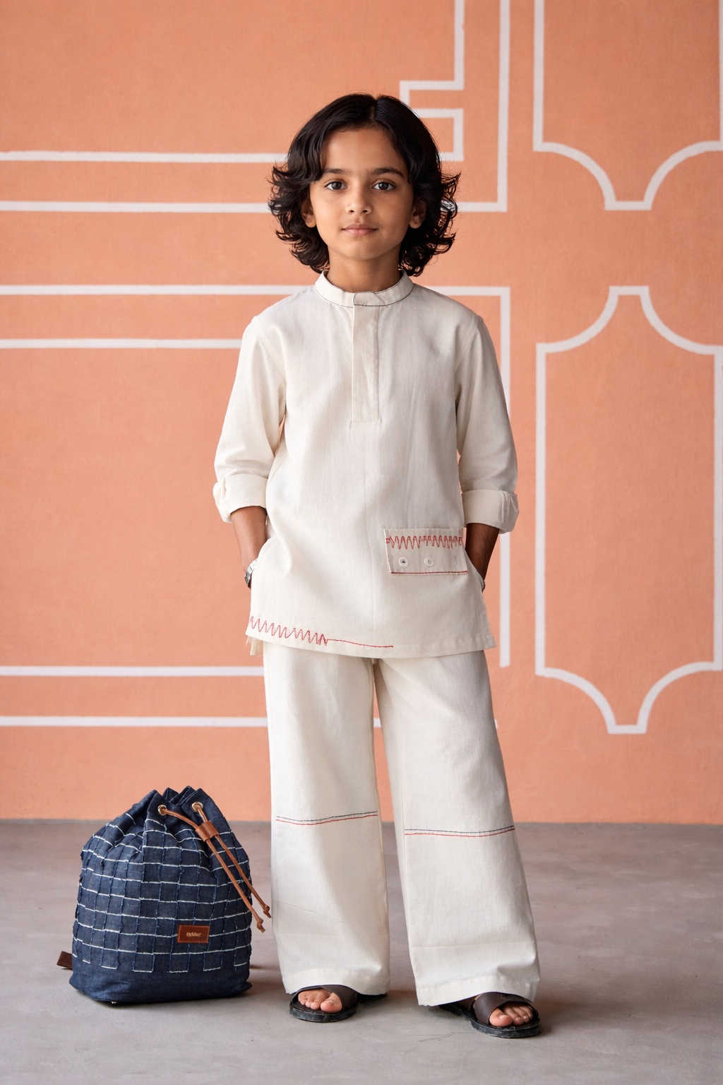 Child wearing a traditional outfit with a blue bag against a pink wall