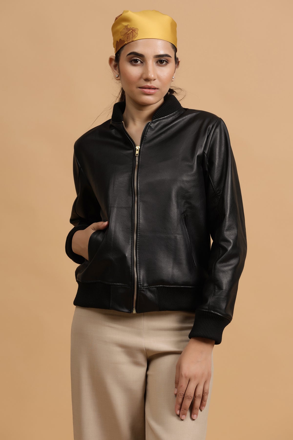 Classic Bomber Leather Jacket- Black – October Jaipur