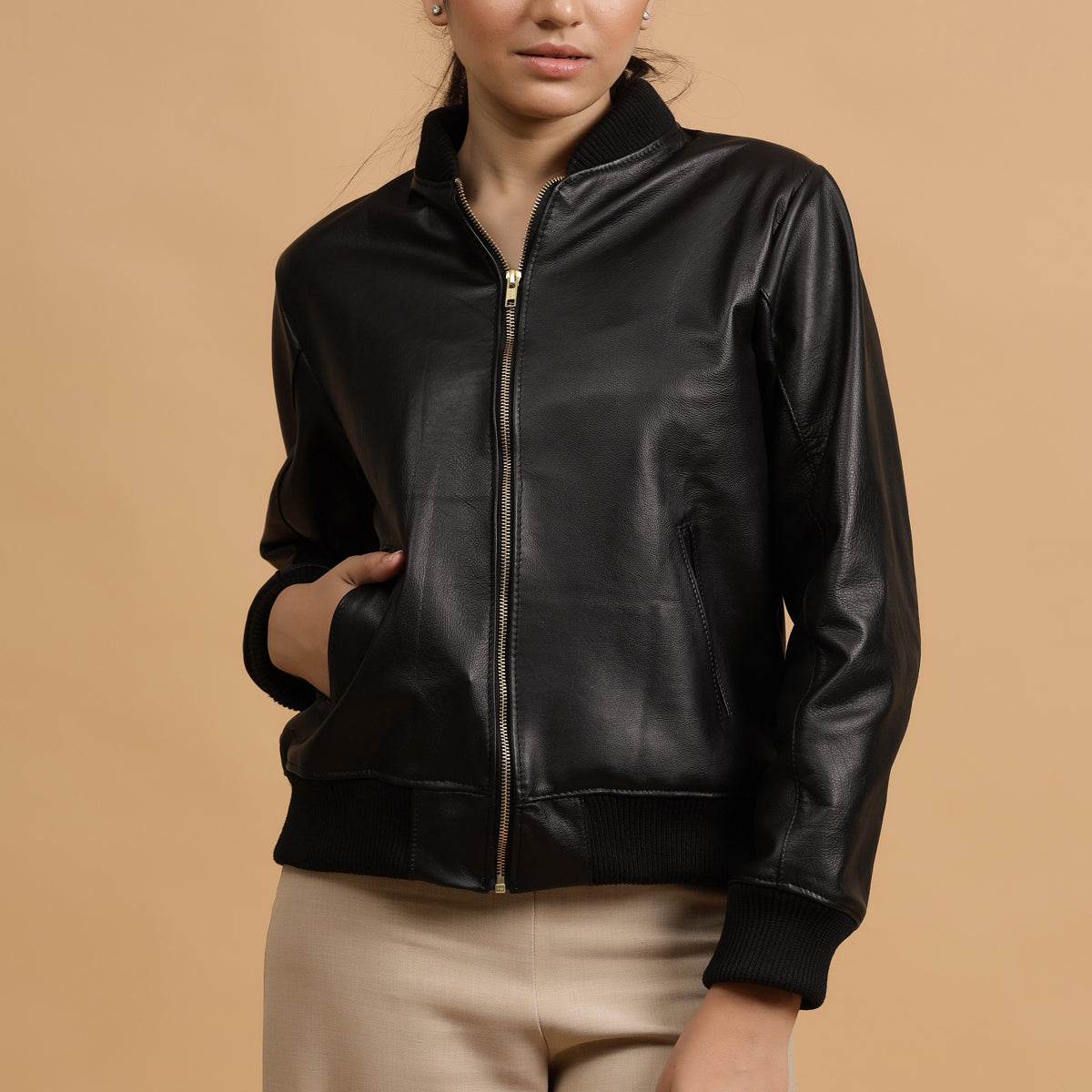 Classic Bomber Leather Jacket- Black – October Jaipur