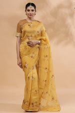 Load image into Gallery viewer, Mustard Bouquet-Silk Organza Saree - October Jaipur