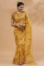 Load image into Gallery viewer, Mustard Bouquet-Silk Organza Saree - October Jaipur