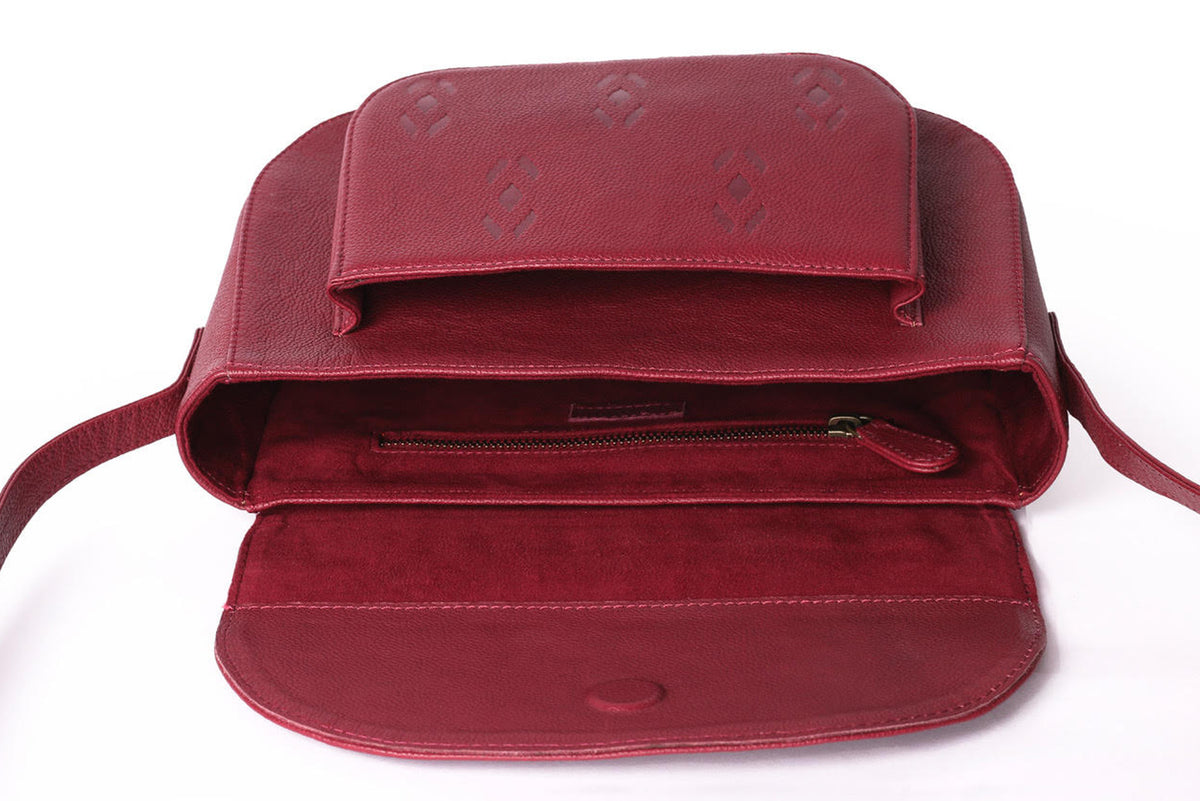 Maroon Leather Satchel- Ikat Imprints - October Jaipur