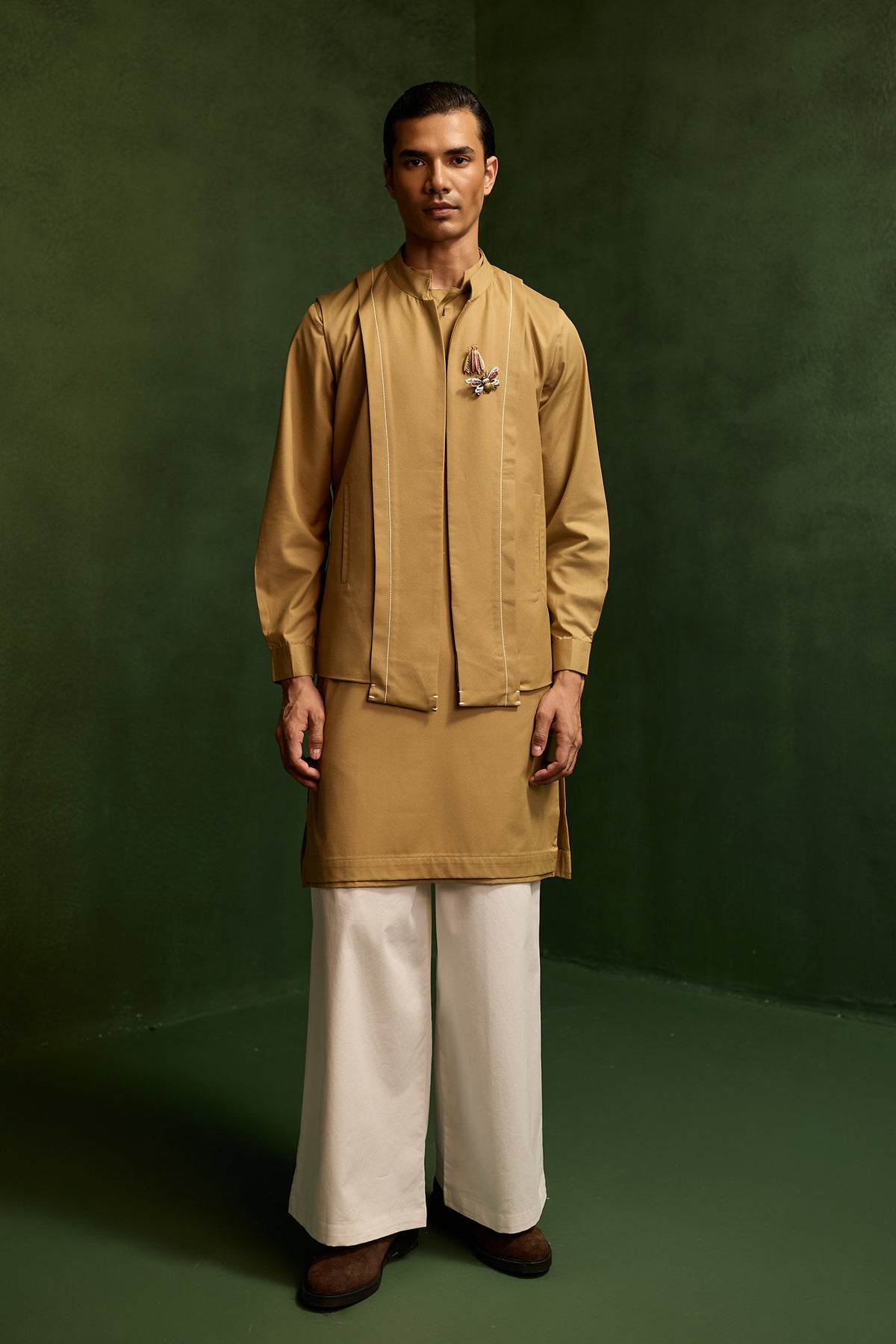 SAMAY DRAPE JACKET SET- KHAKHI ( SET OF 3)