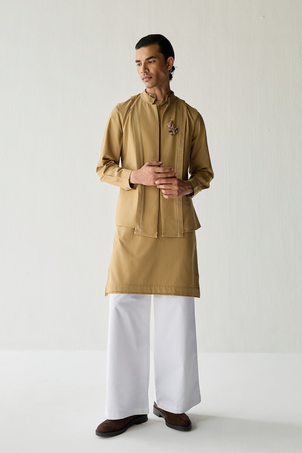 SAMAY DRAPE JACKET SET- KHAKHI ( SET OF 3)