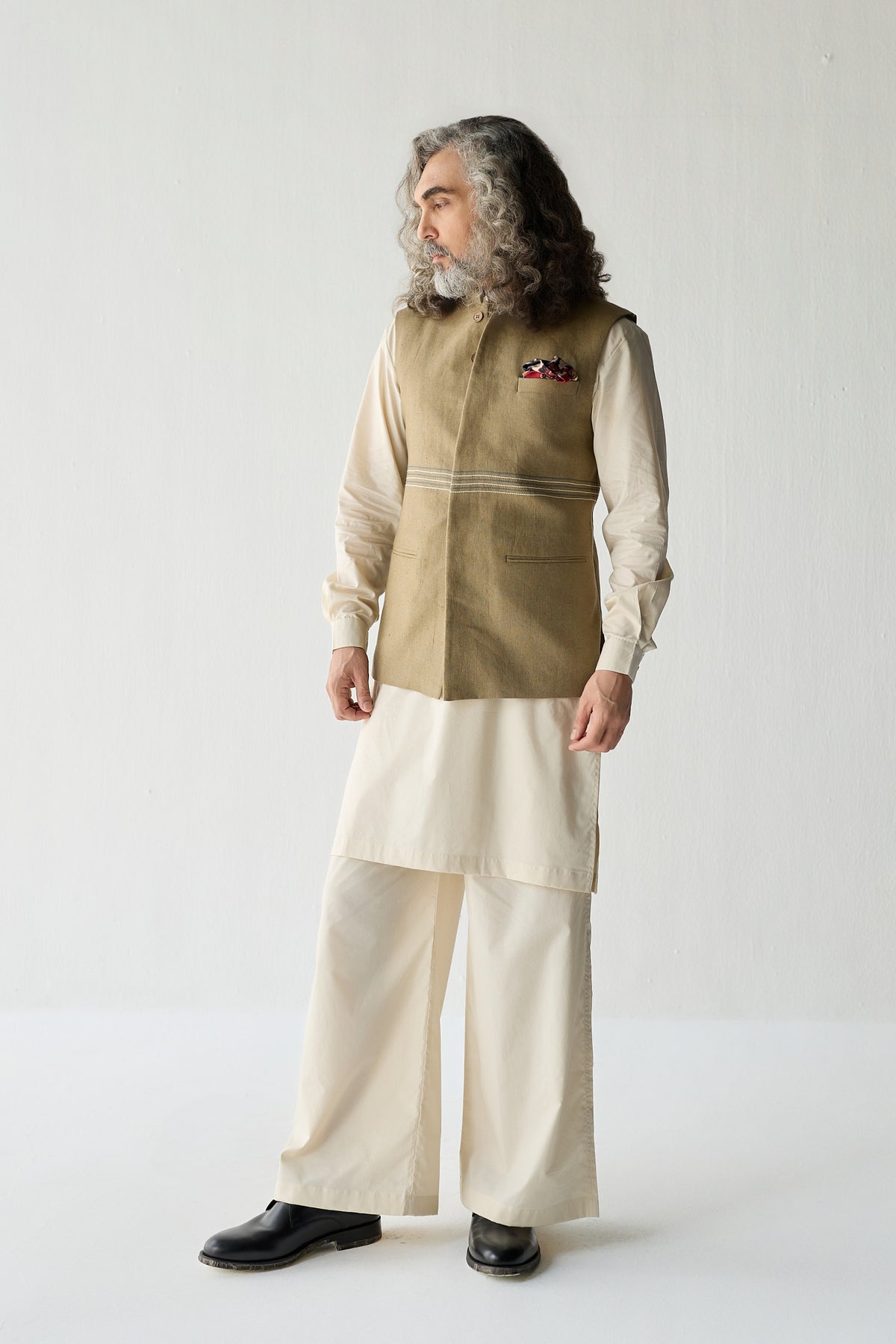 MOHAIR LINEN NEHRU JACKET SET- OLIVE ( SET OF 3)