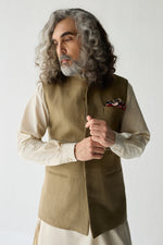 Load image into Gallery viewer, MOHAIR LINEN NEHRU JACKET SET- OLIVE ( SET OF 3)
