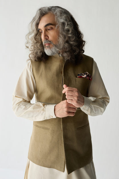MOHAIR LINEN NEHRU JACKET SET- OLIVE ( SET OF 3)