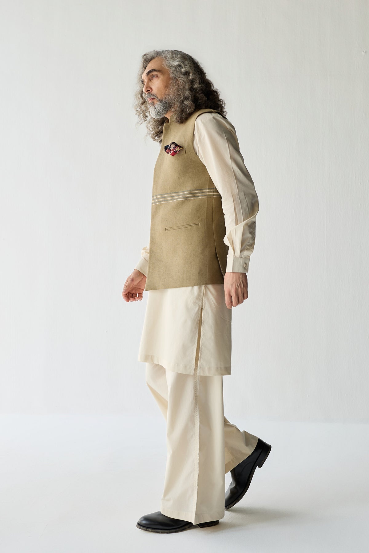MOHAIR LINEN NEHRU JACKET SET- OLIVE ( SET OF 3)