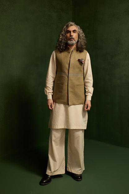 MOHAIR LINEN NEHRU JACKET SET- OLIVE ( SET OF 3)