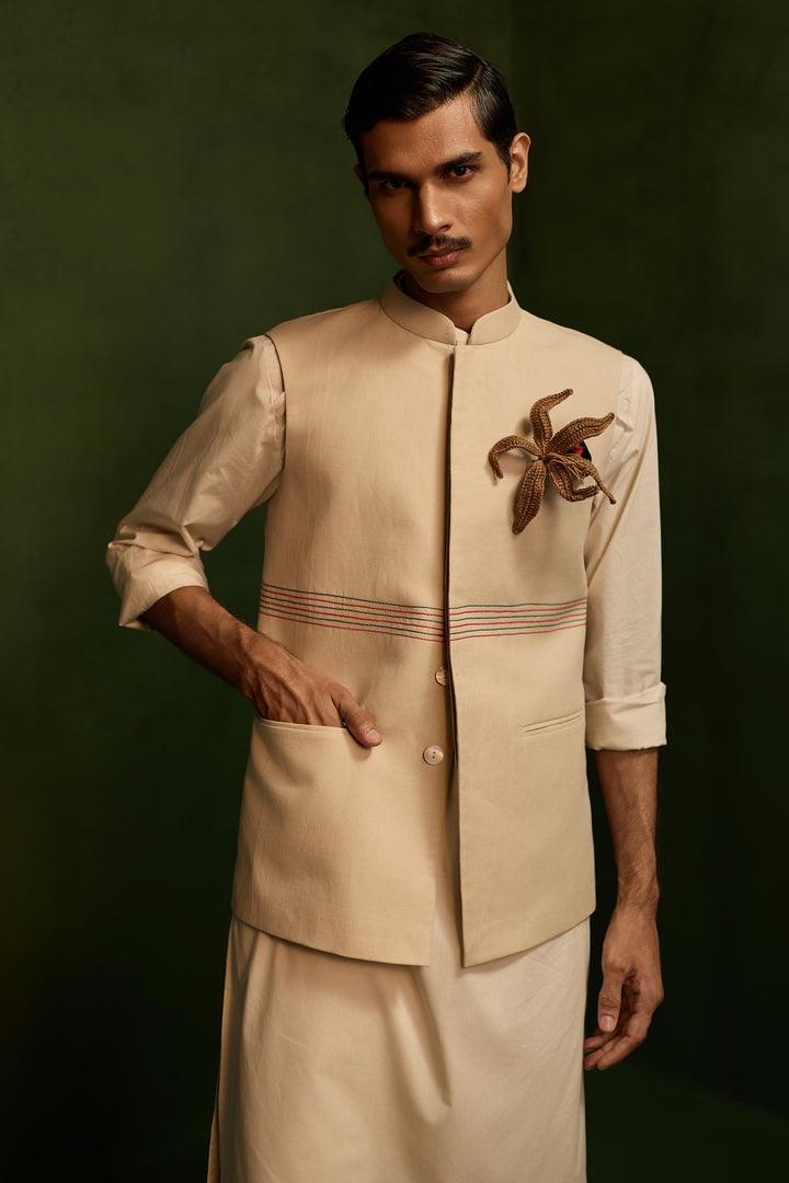 MOHAIR LINEN NEHRU JACKET SET- ECRU ( SET OF 3)