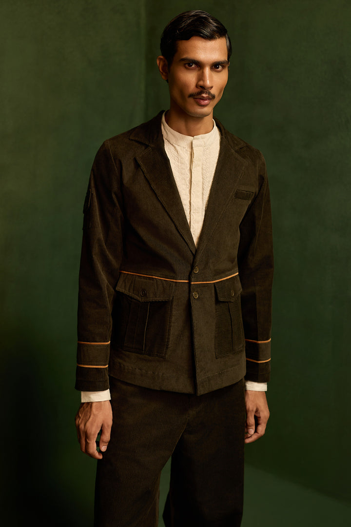 CORDUROY BLAZER SET-OLIVE ( Set Of 2)