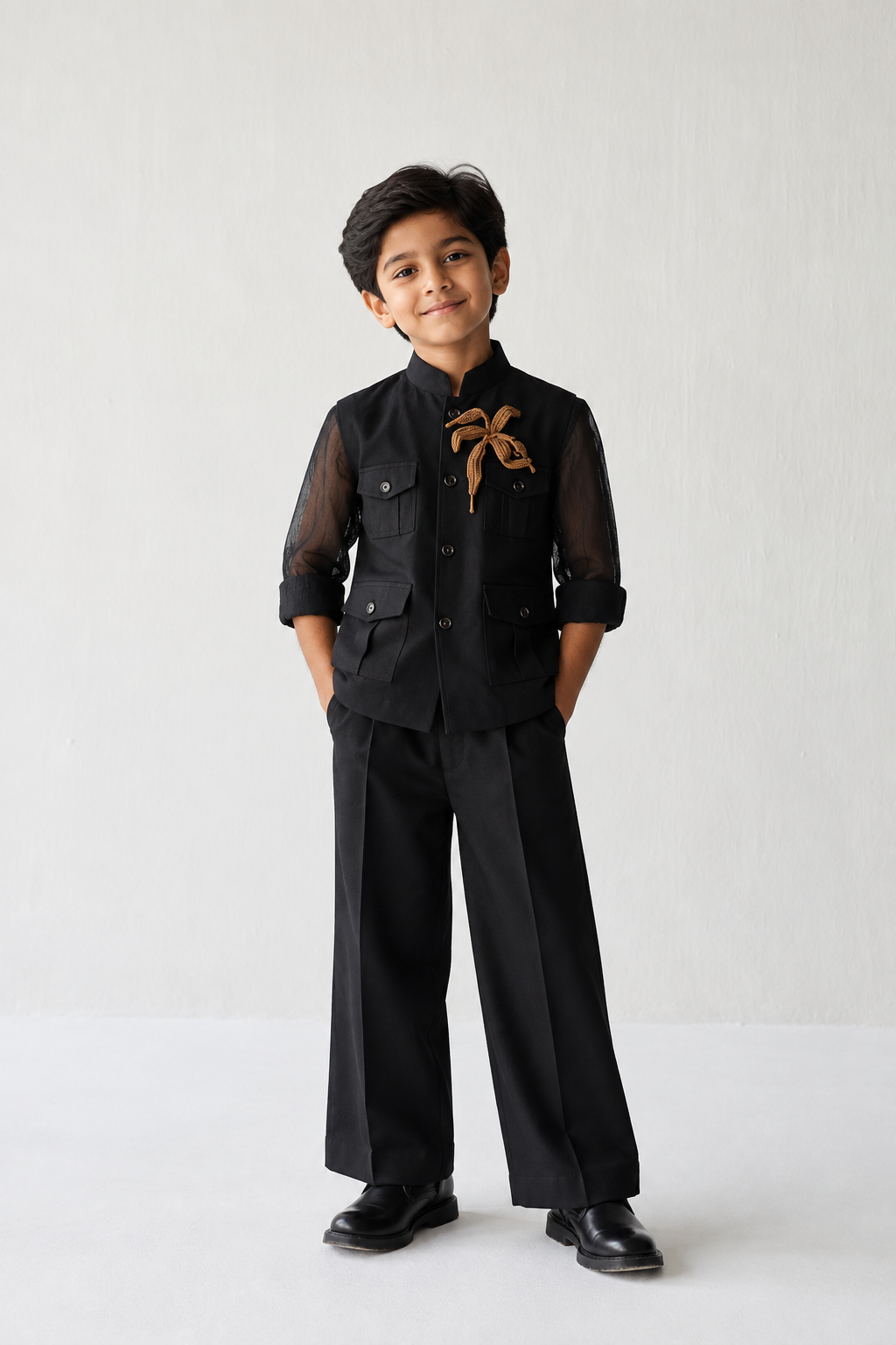 silk shirt with linen nehru jacket aqnd pants for kids