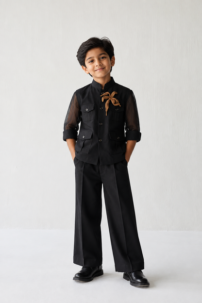 silk shirt with linen nehru jacket aqnd pants for kids