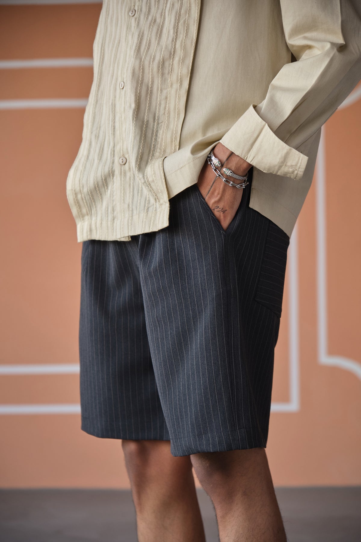 PINSTRIPE BELL SHORTS-GREY