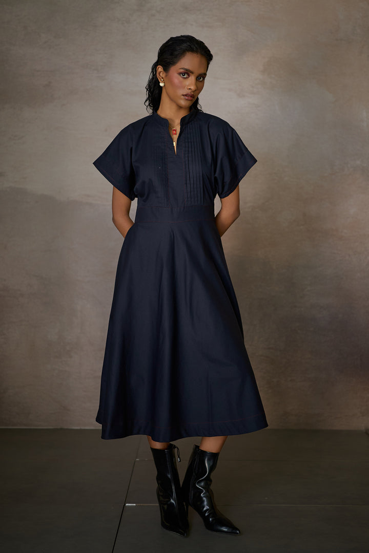 RHEA PLEAT DRESS- NAVY