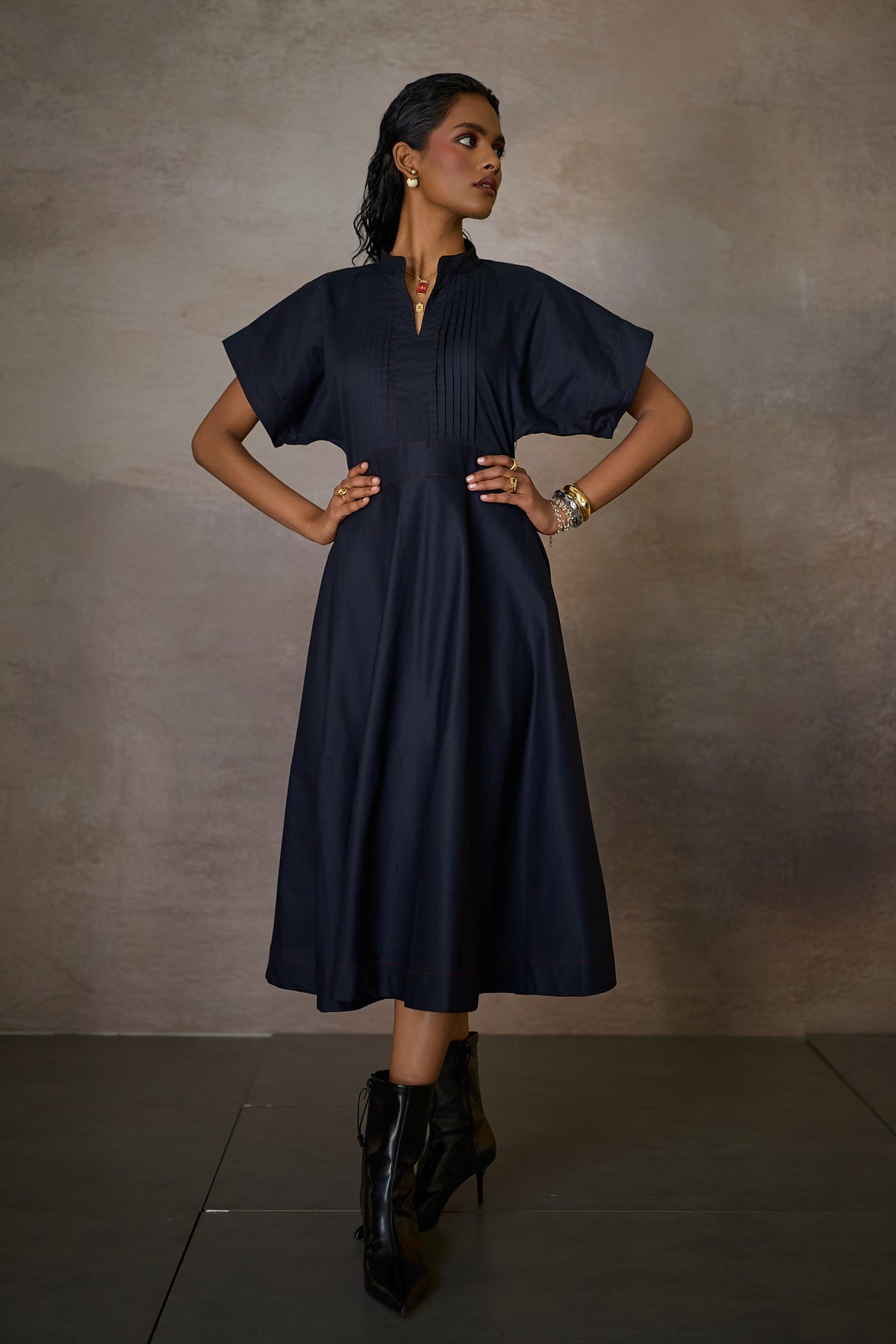 RHEA PLEAT DRESS- NAVY