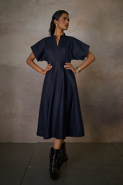 RHEA PLEAT DRESS- NAVY