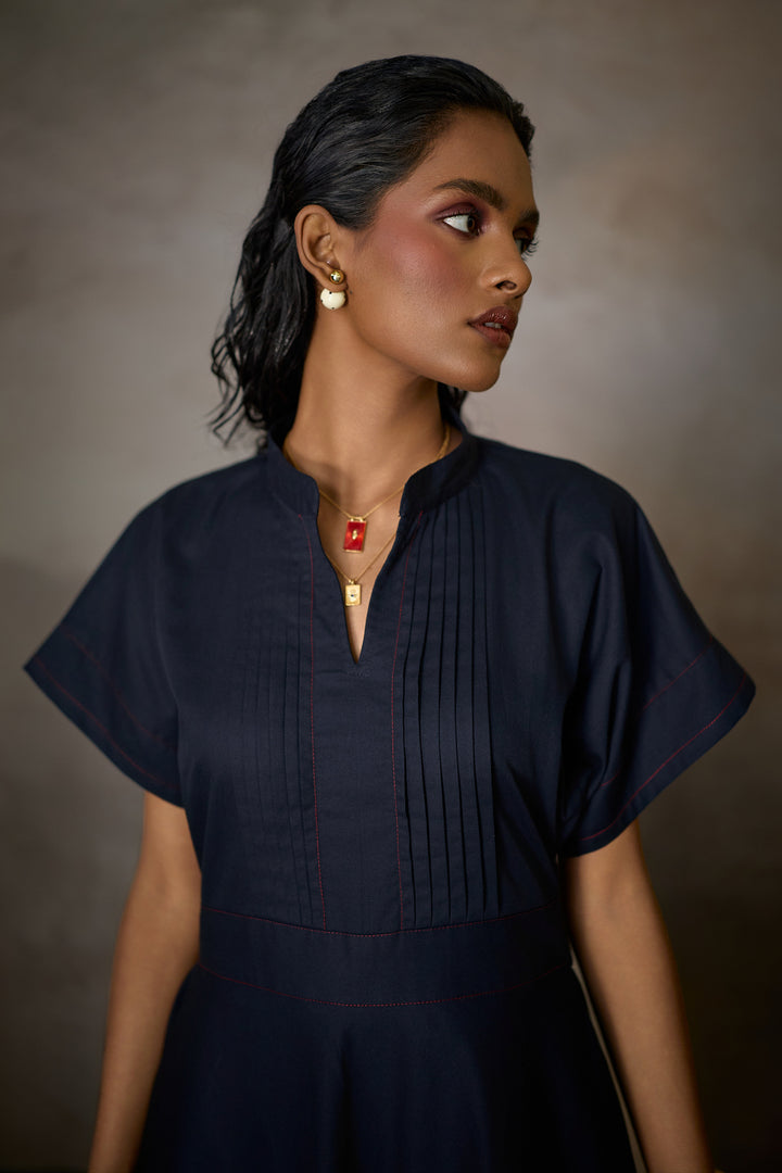 RHEA PLEAT DRESS- NAVY