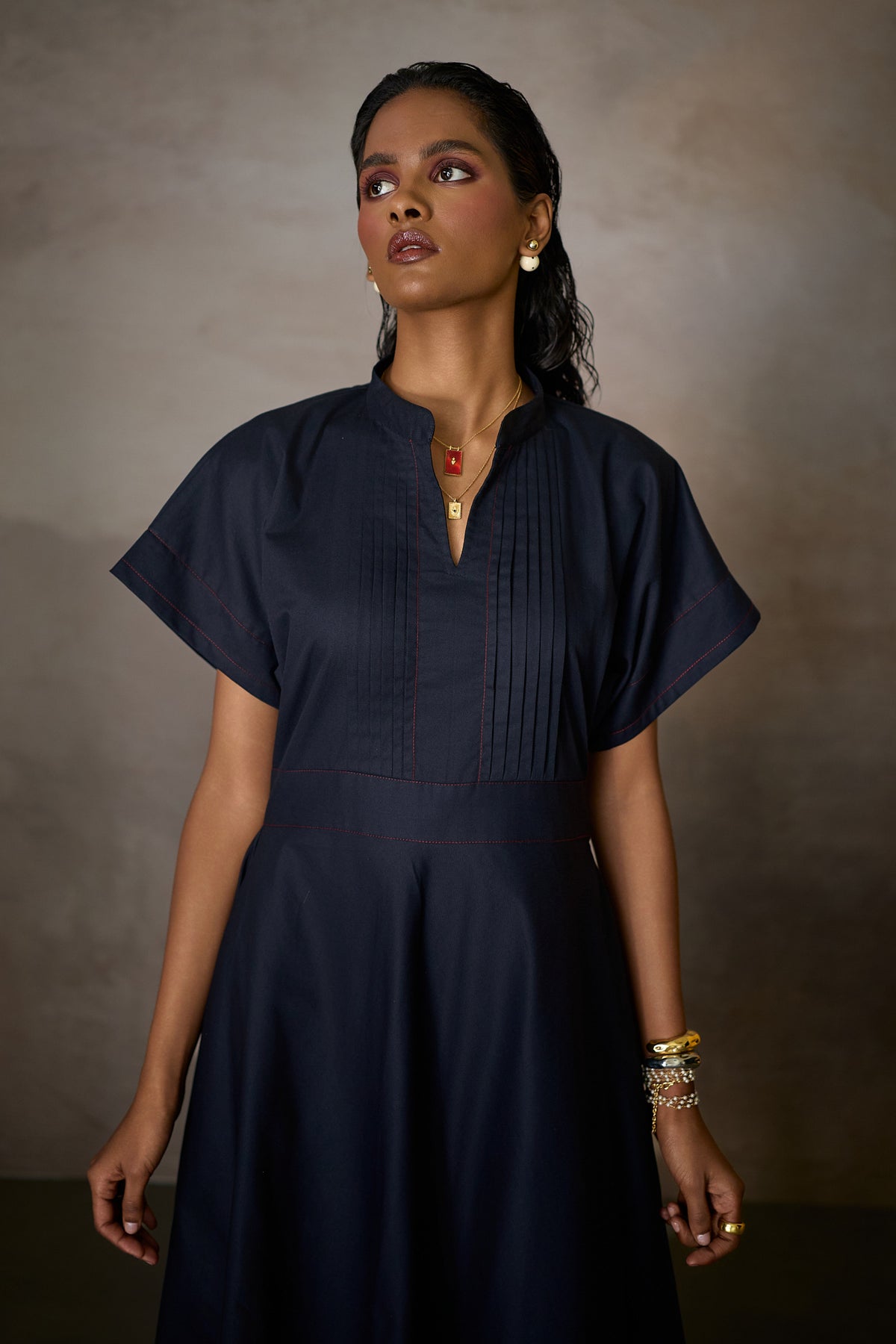 RHEA PLEAT DRESS- NAVY