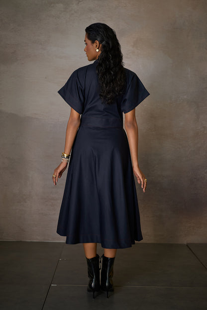 RHEA PLEAT DRESS- NAVY