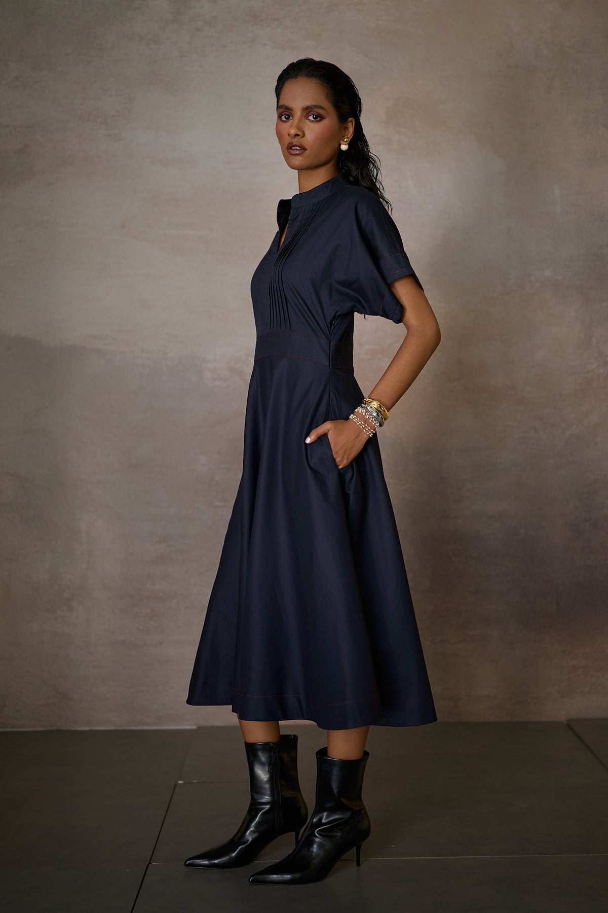 RHEA PLEAT DRESS- NAVY