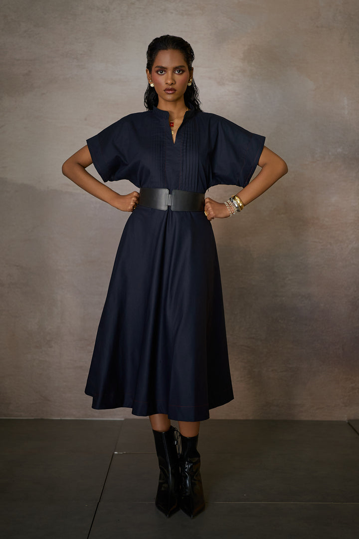 RHEA PLEAT DRESS- NAVY