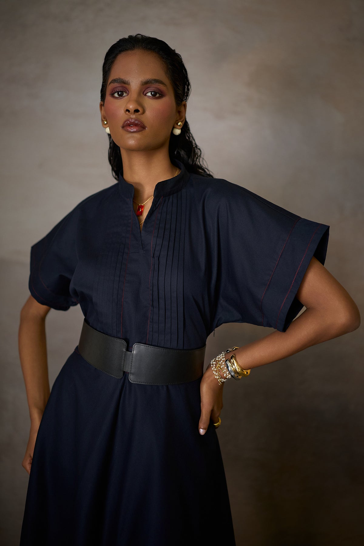 RHEA PLEAT DRESS- NAVY