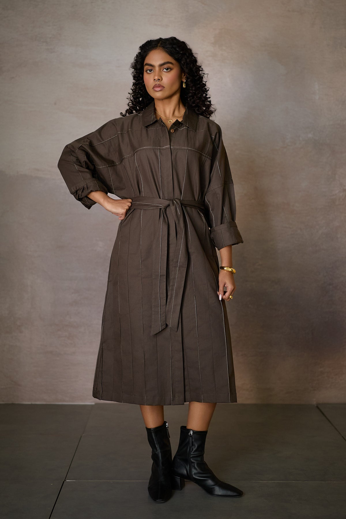 PINTUCK SHIRT DRESS- NOMAD OLIVE