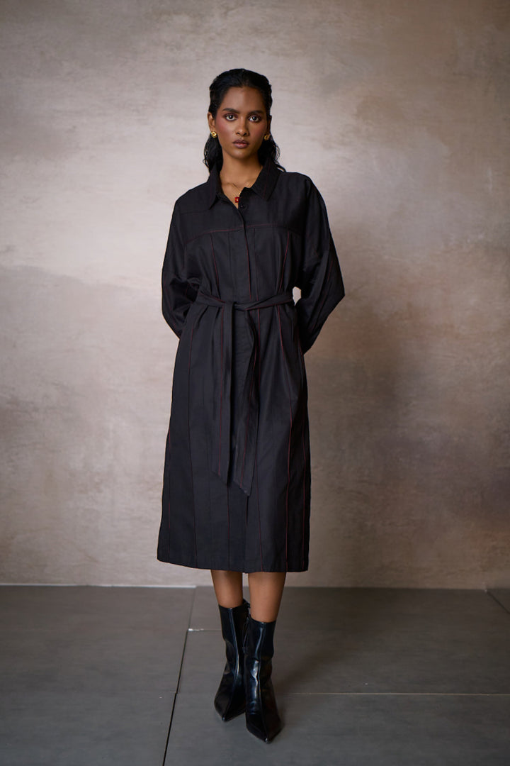 PINTUCK SHIRT DRESS- BLACK