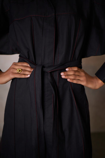 PINTUCK SHIRT DRESS- BLACK
