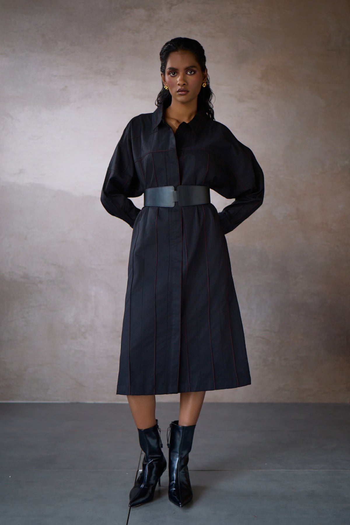 PINTUCK SHIRT DRESS- BLACK
