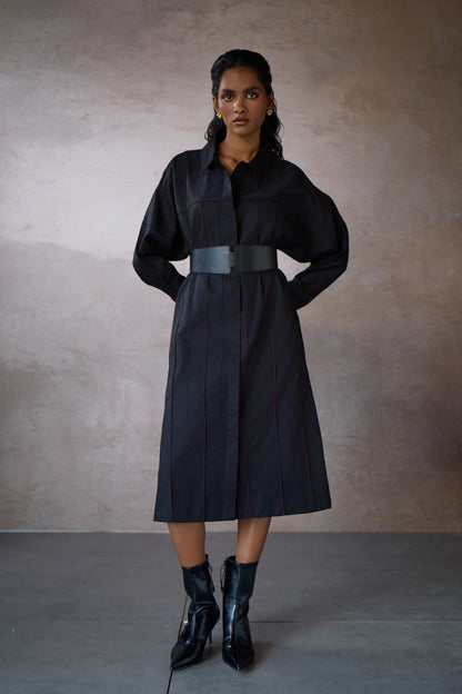 PINTUCK SHIRT DRESS- BLACK