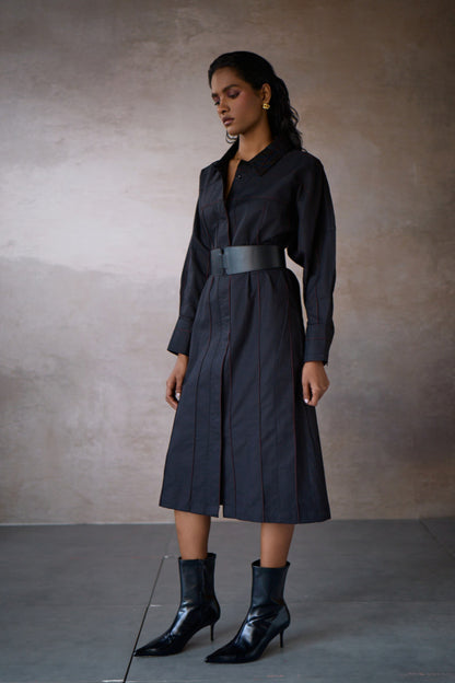 PINTUCK SHIRT DRESS- BLACK