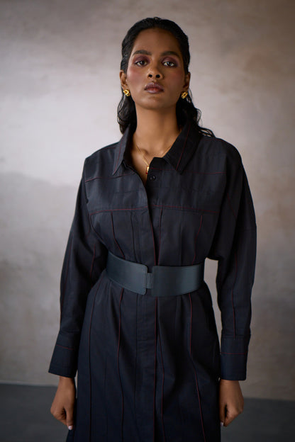 PINTUCK SHIRT DRESS- BLACK
