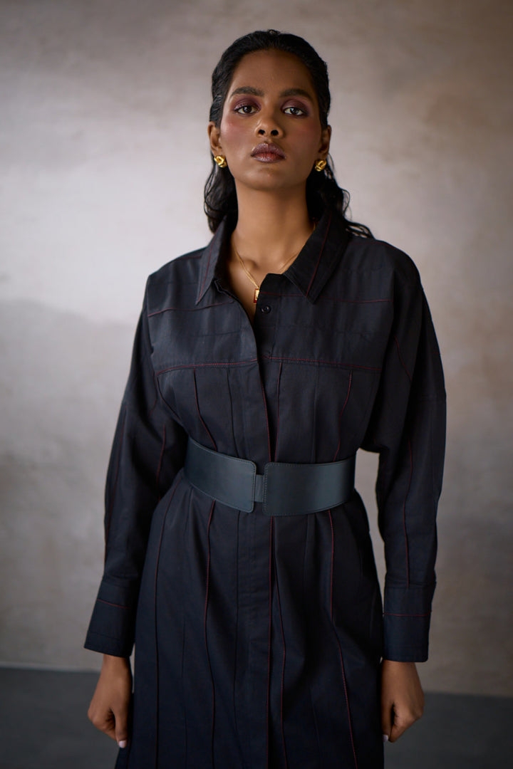 PINTUCK SHIRT DRESS- BLACK