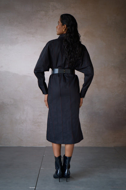 PINTUCK SHIRT DRESS- BLACK