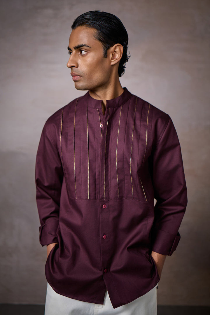 PINTUCK YOKE SHIRT-MERLOT