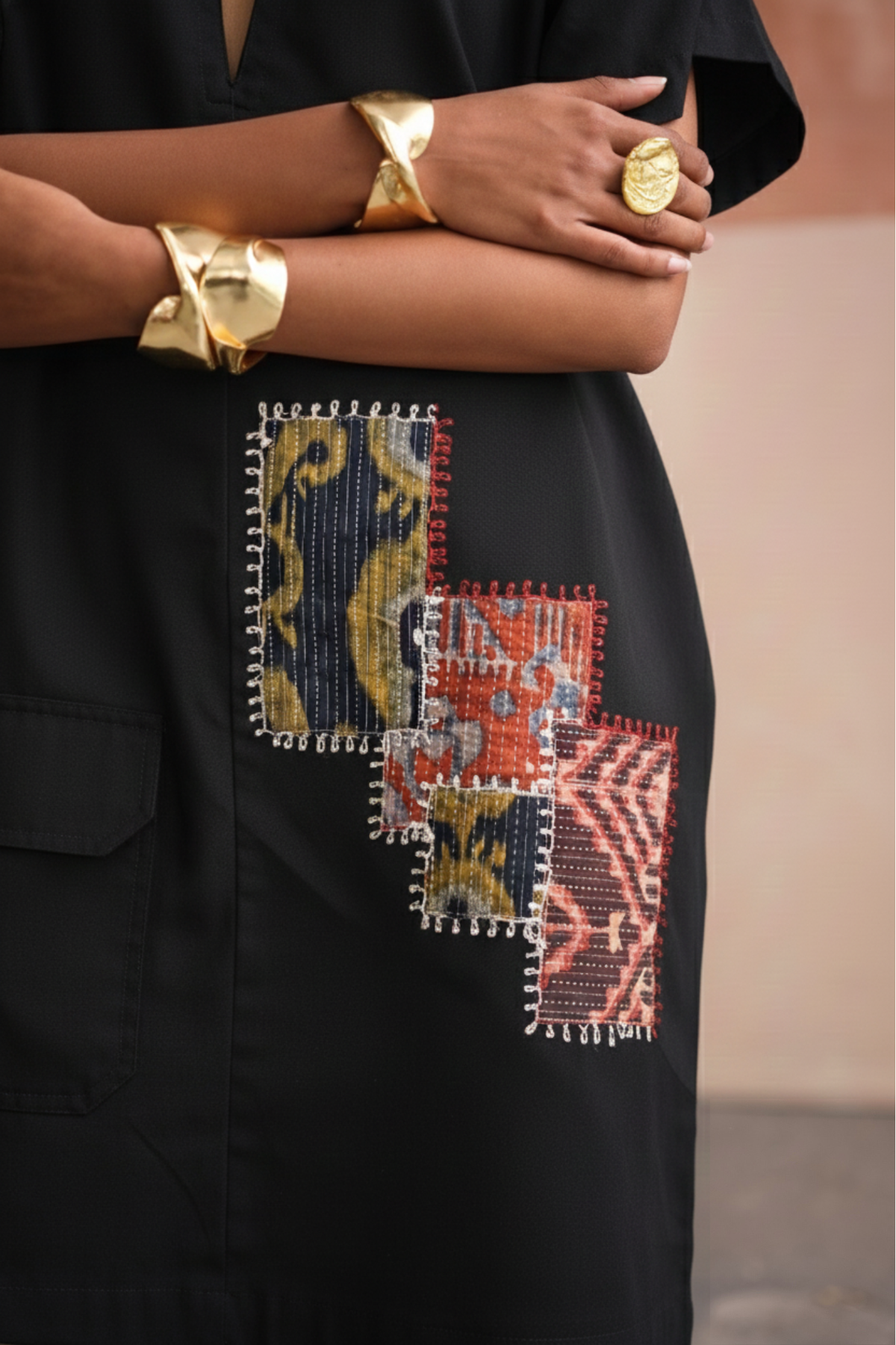 Grace Patchwork Short Dress-Black