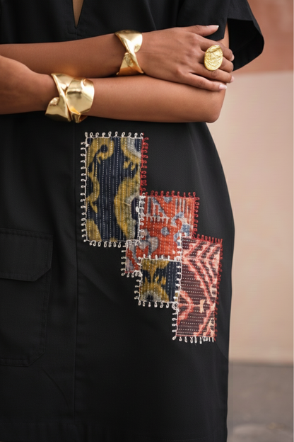 Grace Patchwork Short Dress-Black