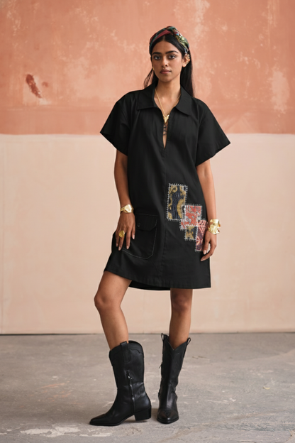 Grace Patchwork Short Dress-Black