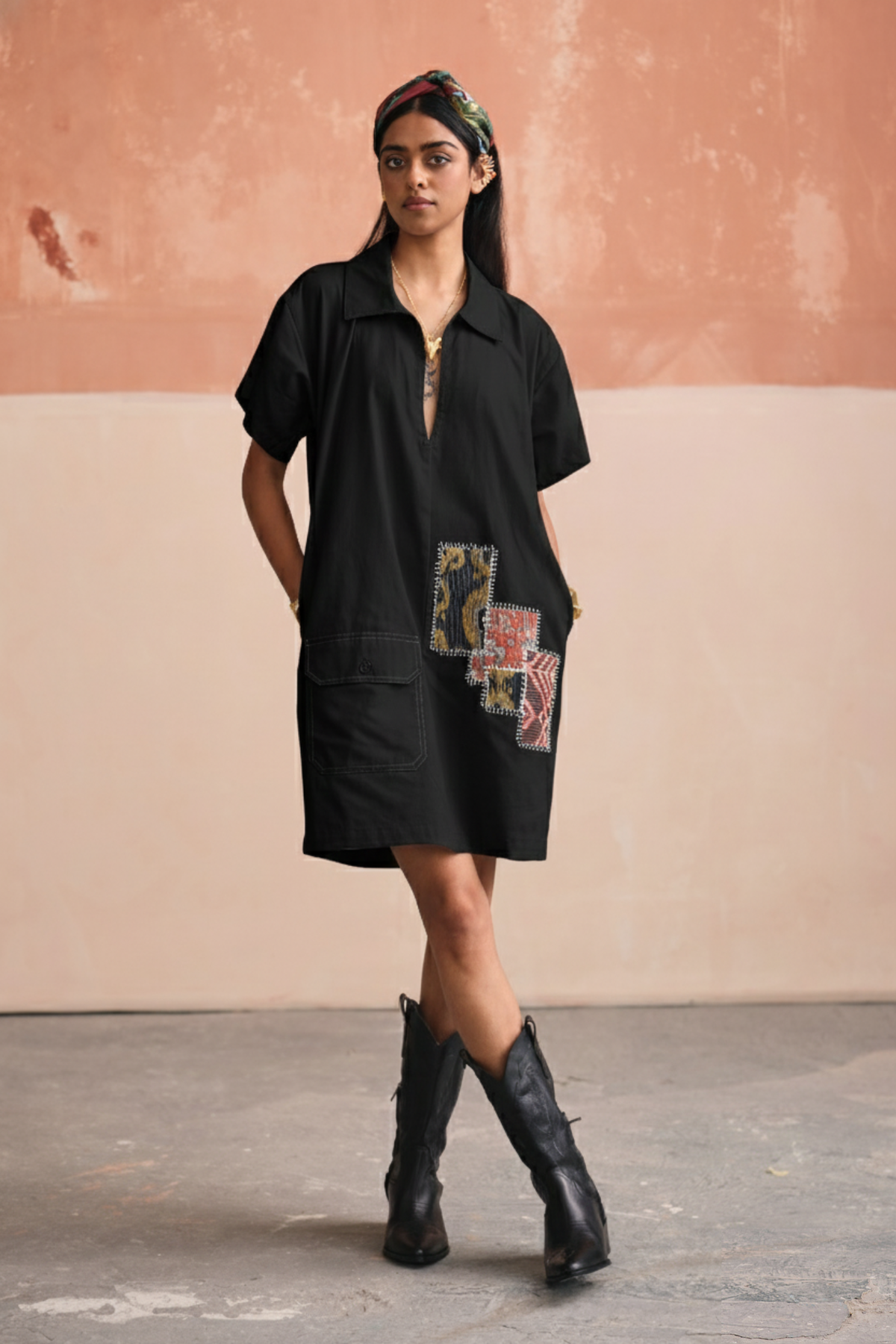 Grace Patchwork Short Dress-Black