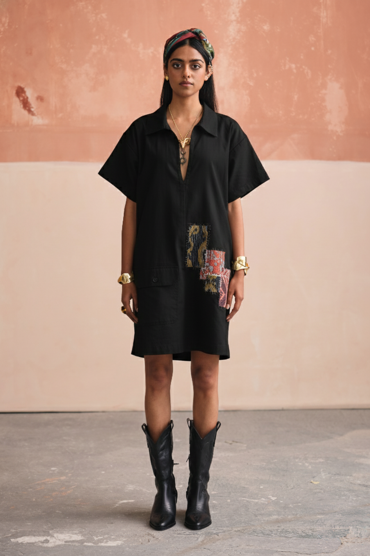 Grace Patchwork Short Dress-Black