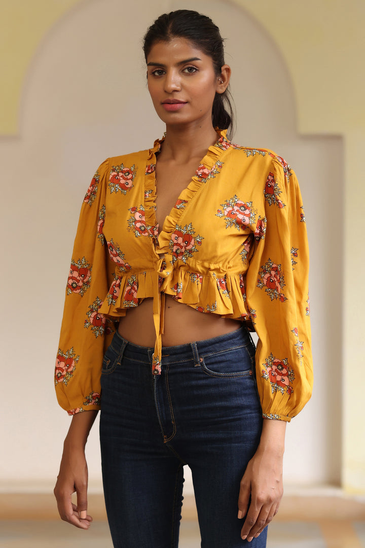 Ruffle Blouse Top-Mustard