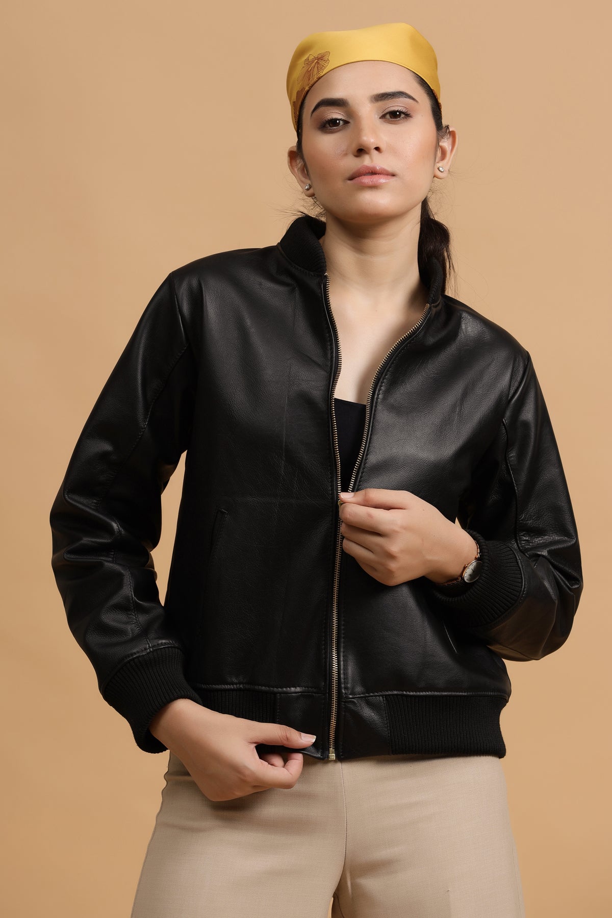 Classic Bomber Leather Jacket- Black - October Jaipur