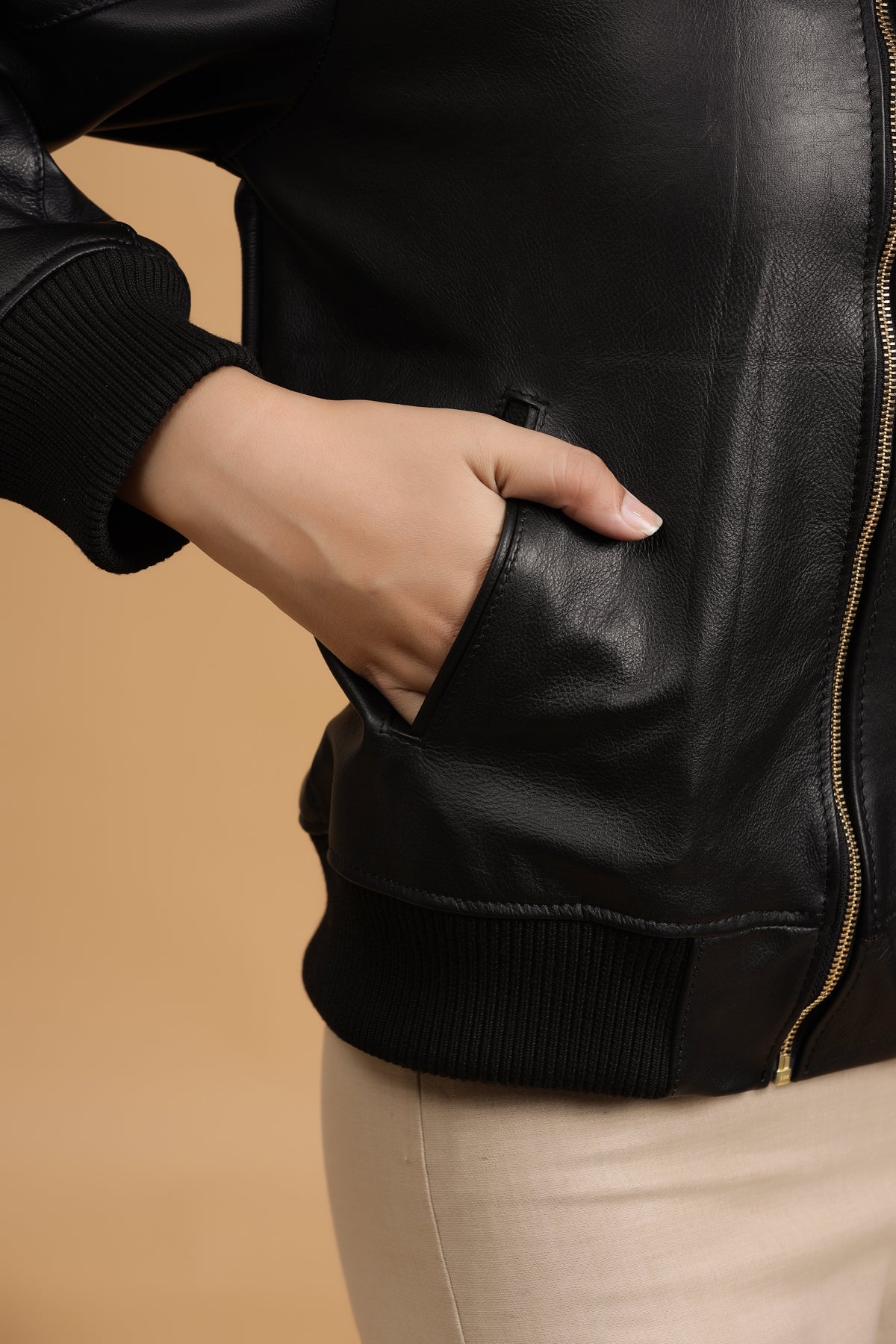 Classic Bomber Leather Jacket- Black - October Jaipur