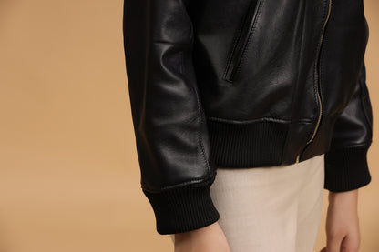 Classic Bomber Leather Jacket- Black - October Jaipur