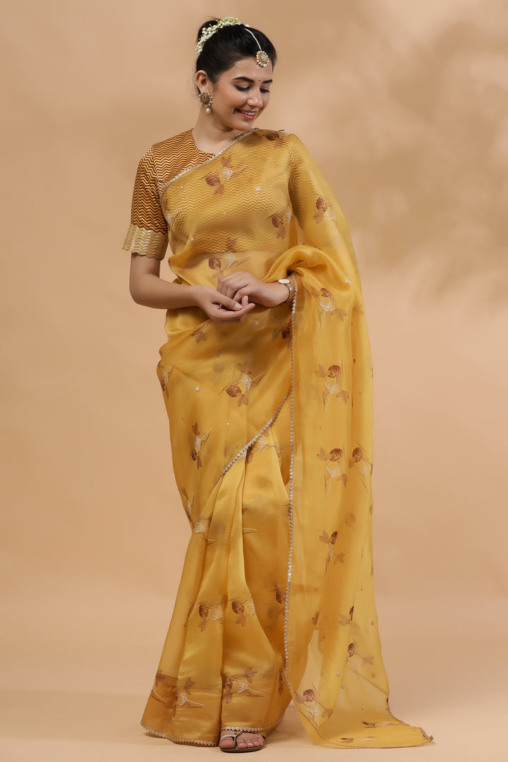 Mustard Bouquet-Silk Organza Saree - October Jaipur