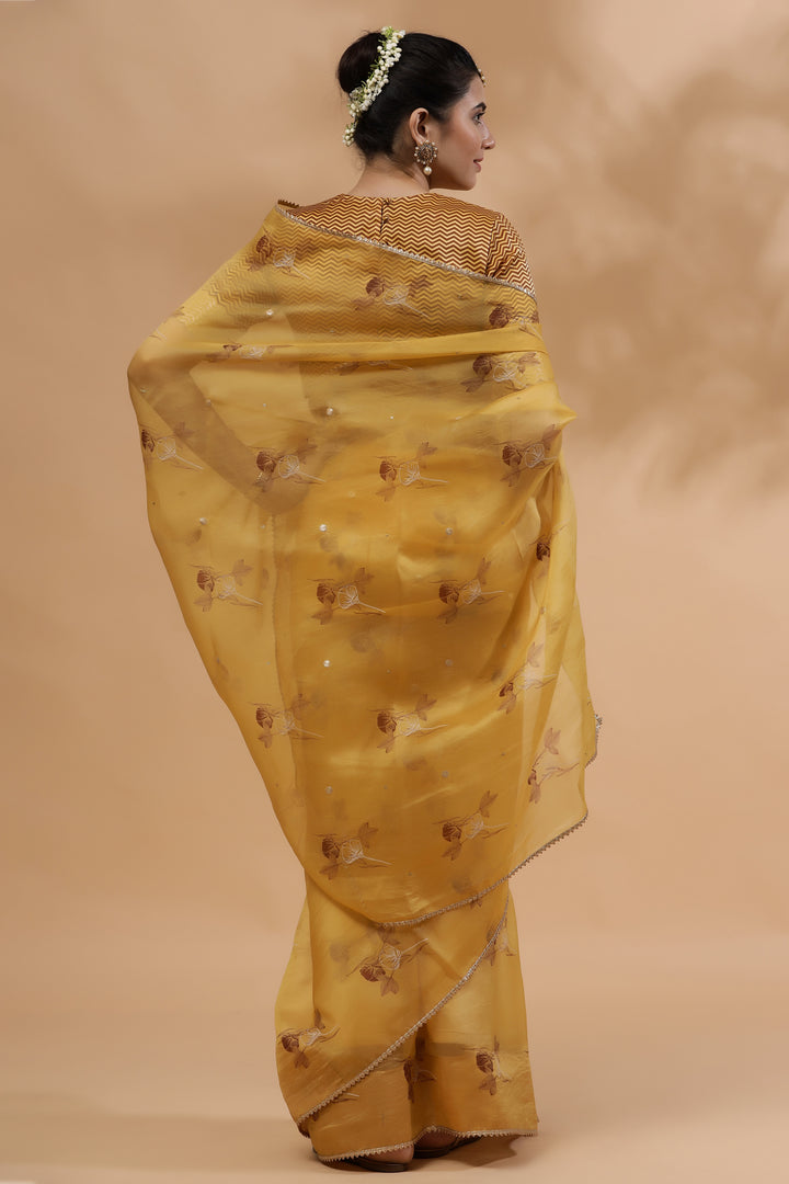 Mustard Bouquet-Silk Organza Saree - October Jaipur